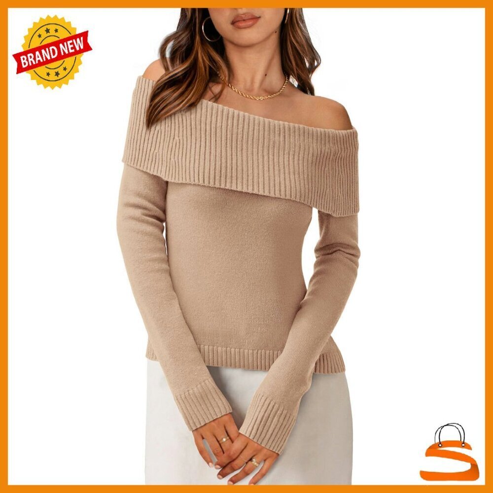 Off Shoulder Ribbed Knit Sweater Women's Pullover Long Sleeve Winter Tops